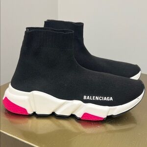 Balenciaga Black Knit Sock Sneakers with White Midsole & Pink Heel Accents
